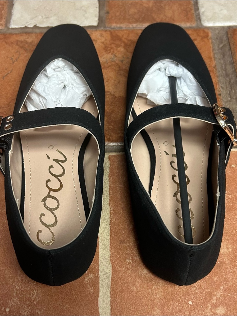 Black Mary Jane Flats with Gold Buckle - Picture 2 of 6